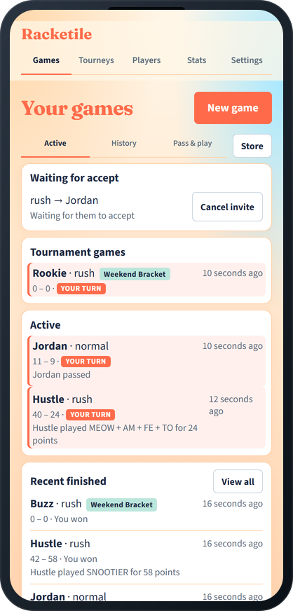 Racketile home with active games