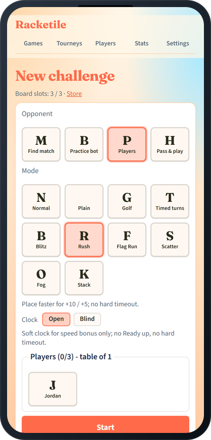 Choosing a Racketile game mode